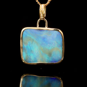Yellow Gold Blue Green Boulder Opal and Diamond Pendant