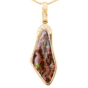 Yellow Gold Green Yellow Orange Red Boulder Opal and Diamond Pendant