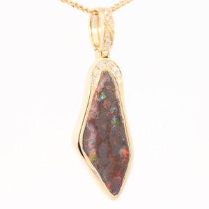 Yellow Gold Green Yellow Orange Red Boulder Opal and Diamond Pendant