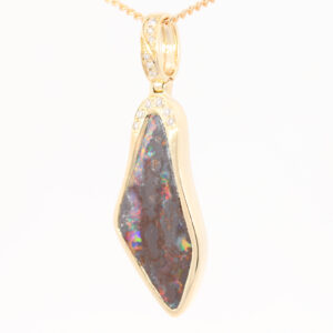 Yellow Gold Green Yellow Orange Red Boulder Opal and Diamond Pendant