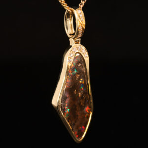 Yellow Gold Green Yellow Orange Red Boulder Opal and Diamond Pendant