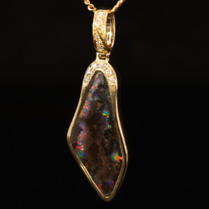 Yellow Gold Green Yellow Orange Red Boulder Opal and Diamond Pendant