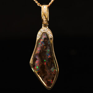 Yellow Gold Green Yellow Orange Red Boulder Opal and Diamond Pendant