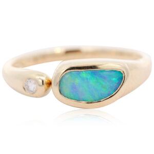 Yellow Gold Blue Green Boulder Opal and diamond Ring