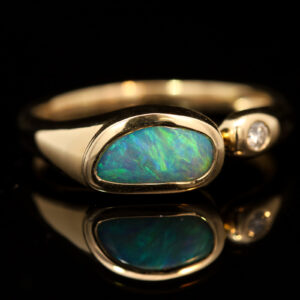 Yellow Gold Blue Green Boulder Opal and diamond Ring