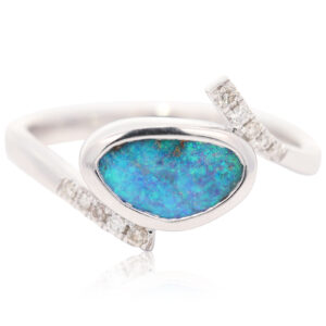 White Gold Blue Green Boulder Opal and Diamond Ring