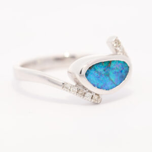 White Gold Blue Green Boulder Opal and Diamond Ring
