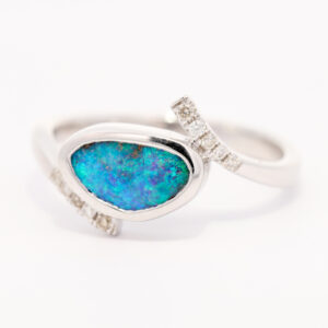 White Gold Blue Green Boulder Opal and Diamond Ring