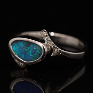 White Gold Blue Green Boulder Opal and Diamond Ring