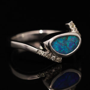 White Gold Blue Green Boulder Opal and Diamond Ring