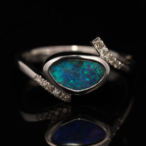 White Gold Blue Green Boulder Opal and Diamond Ring