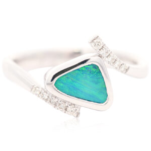 White Gold Blue Green Boulder Opal and Diamond Ring