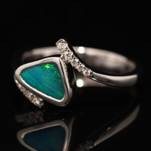 White Gold Blue Green Boulder Opal and Diamond Ring
