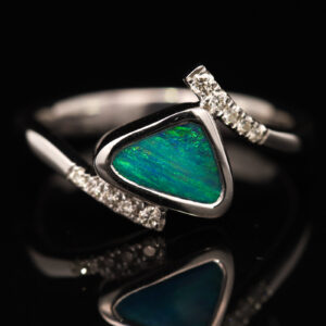 White Gold Blue Green Boulder Opal and Diamond Ring