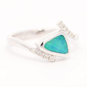 White Gold Blue Green Boulder Opal and Diamond Ring