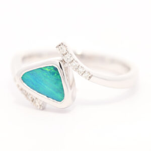 White Gold Blue Green Boulder Opal and Diamond Ring