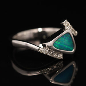 White Gold Blue Green Boulder Opal and Diamond Ring