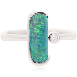 White Gold Blue Green Black Opal and Diamond Ring