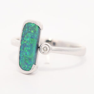 White Gold Blue Green Black Opal and Diamond Ring