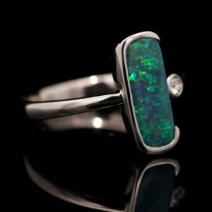 White Gold Blue Green Black Opal and Diamond Ring