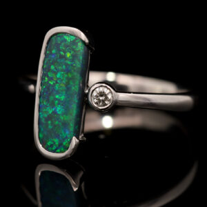 White Gold Blue Green Black Opal and Diamond Ring