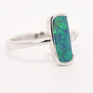 White Gold Blue Green Black Opal and Diamond Ring