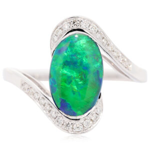White Gold Blue Green Yellow Black Opal and Diamond Ring