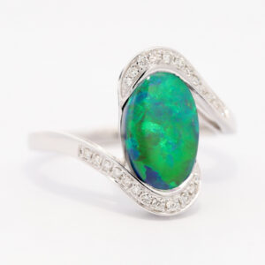 White Gold Blue Green Yellow Black Opal and Diamond Ring