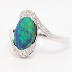 White Gold Blue Green Yellow Black Opal and Diamond Ring