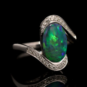 White Gold Blue Green Yellow Black Opal and Diamond Ring
