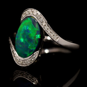 White Gold Blue Green Yellow Black Opal and Diamond Ring