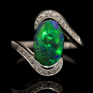 White Gold Blue Green Yellow Black Opal and Diamond Ring