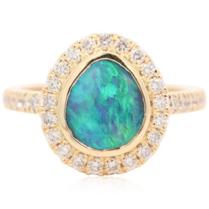 Custom Yellow Gold Blue Green Black Opal Ring