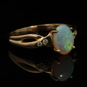 Yellow Gold Blue Green Yellow Orange crystal opal and diamond ring