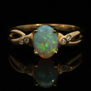 Yellow Gold Blue Green Yellow Orange crystal opal and diamond ring