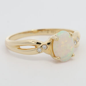 Yellow Gold Blue Green Yellow Orange crystal opal and diamond ring