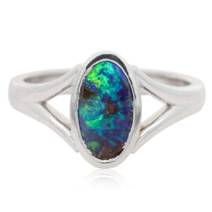 White Gold Blue Green Boulder Opal Ring