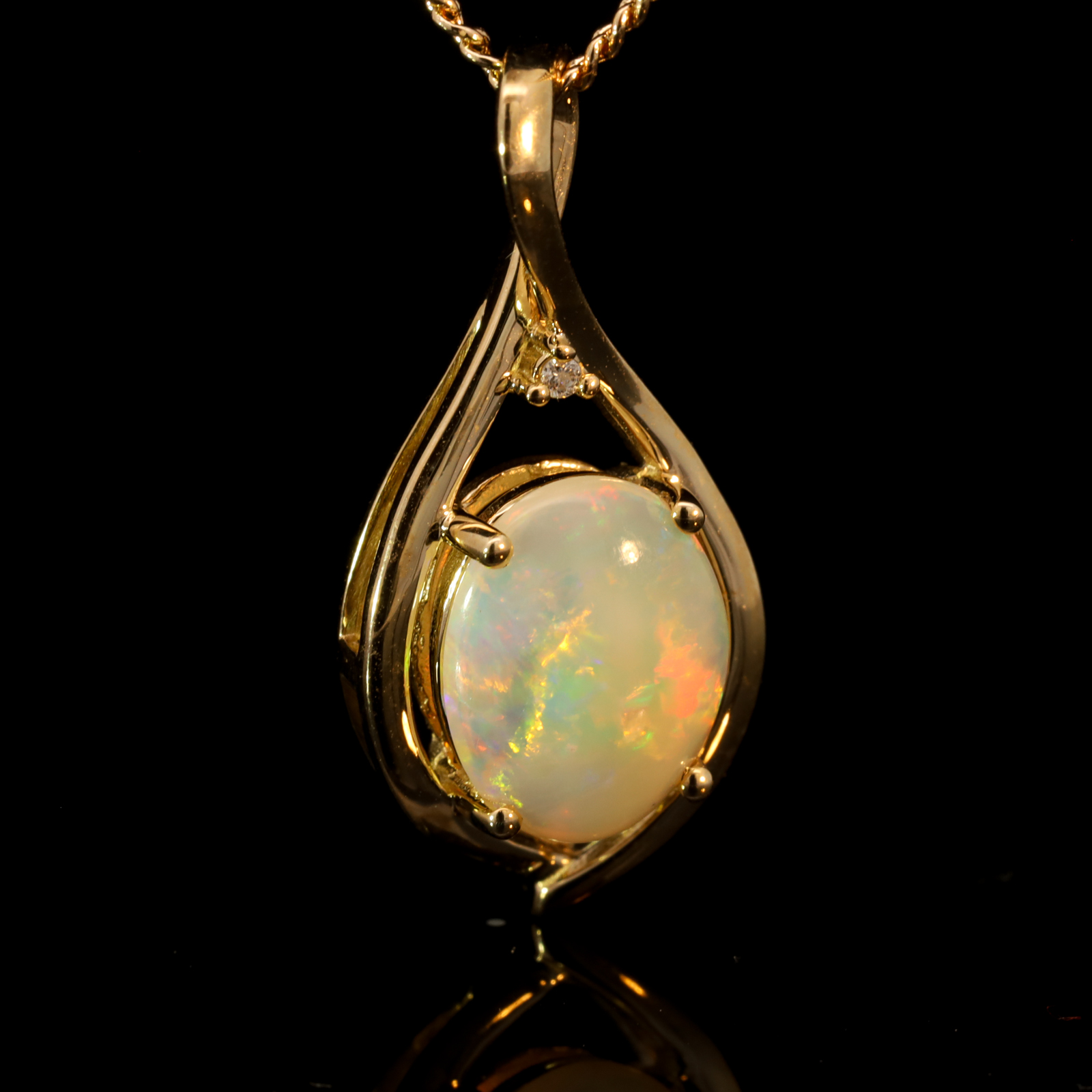 Yellow Gold Blue Green Yellow Orange Red Crystal Opal and Diamond Pendant