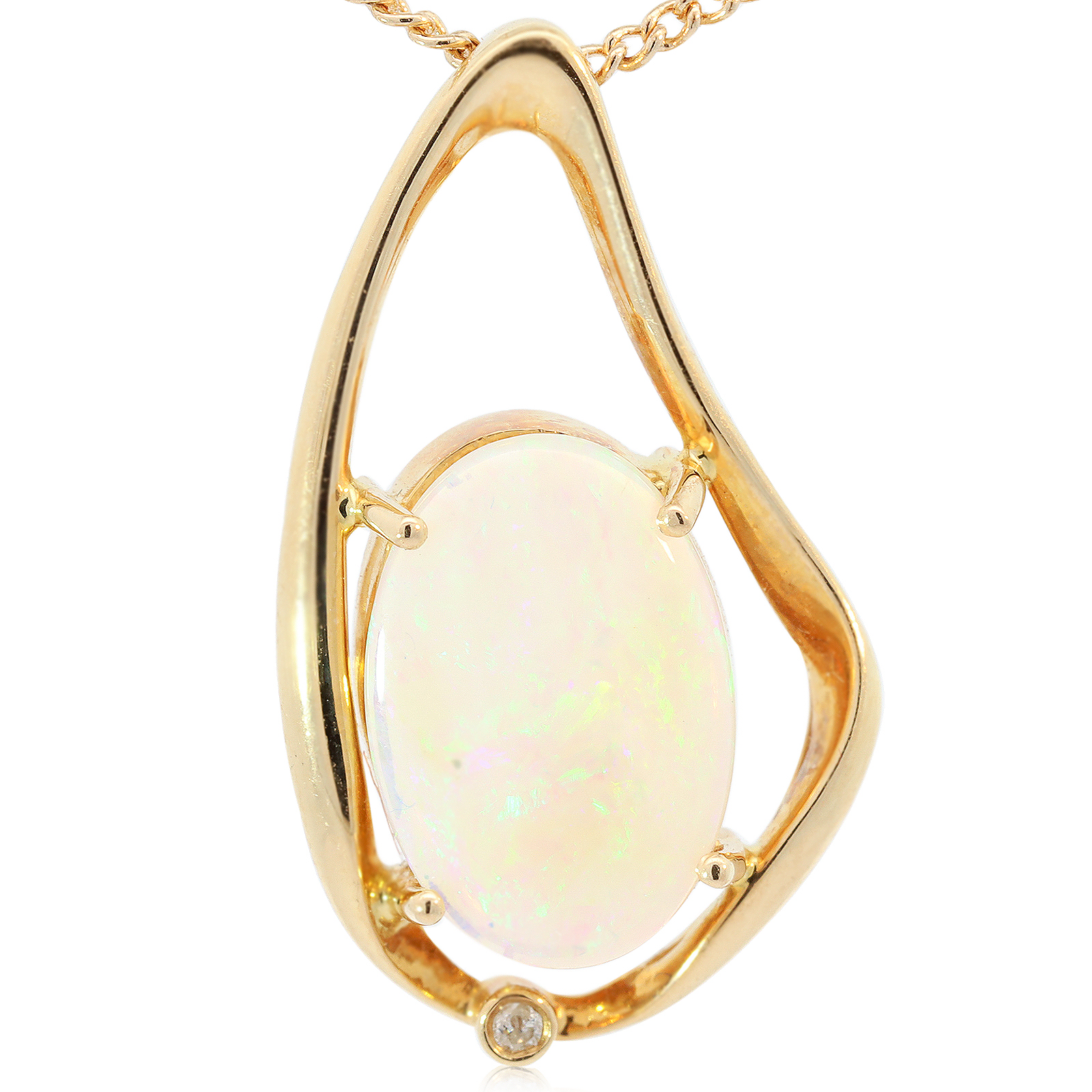 Yellow Gold Blue Green Crystal Opal and Diamond Pendant