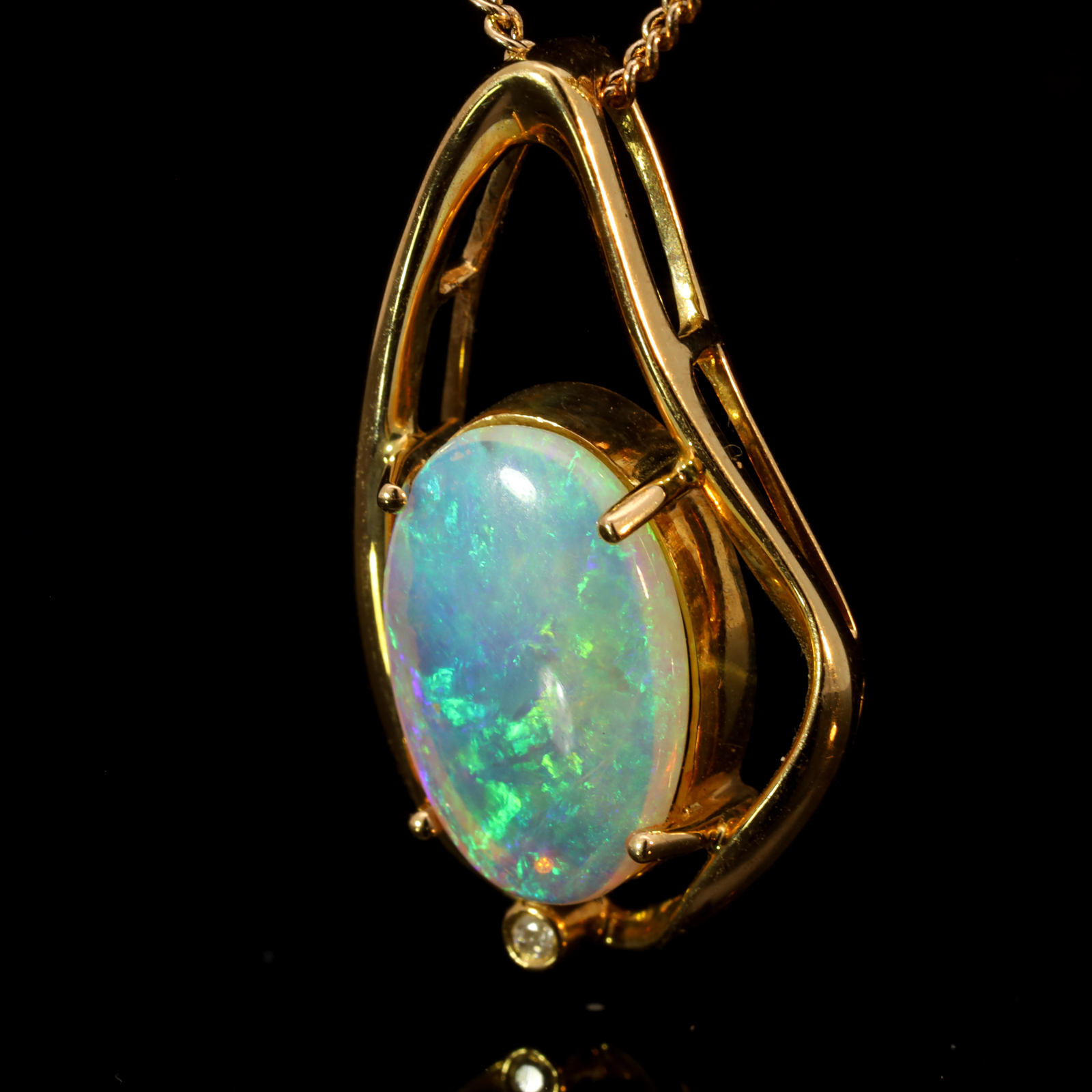Yellow Gold Blue Green Crystal Opal and Diamond Pendant