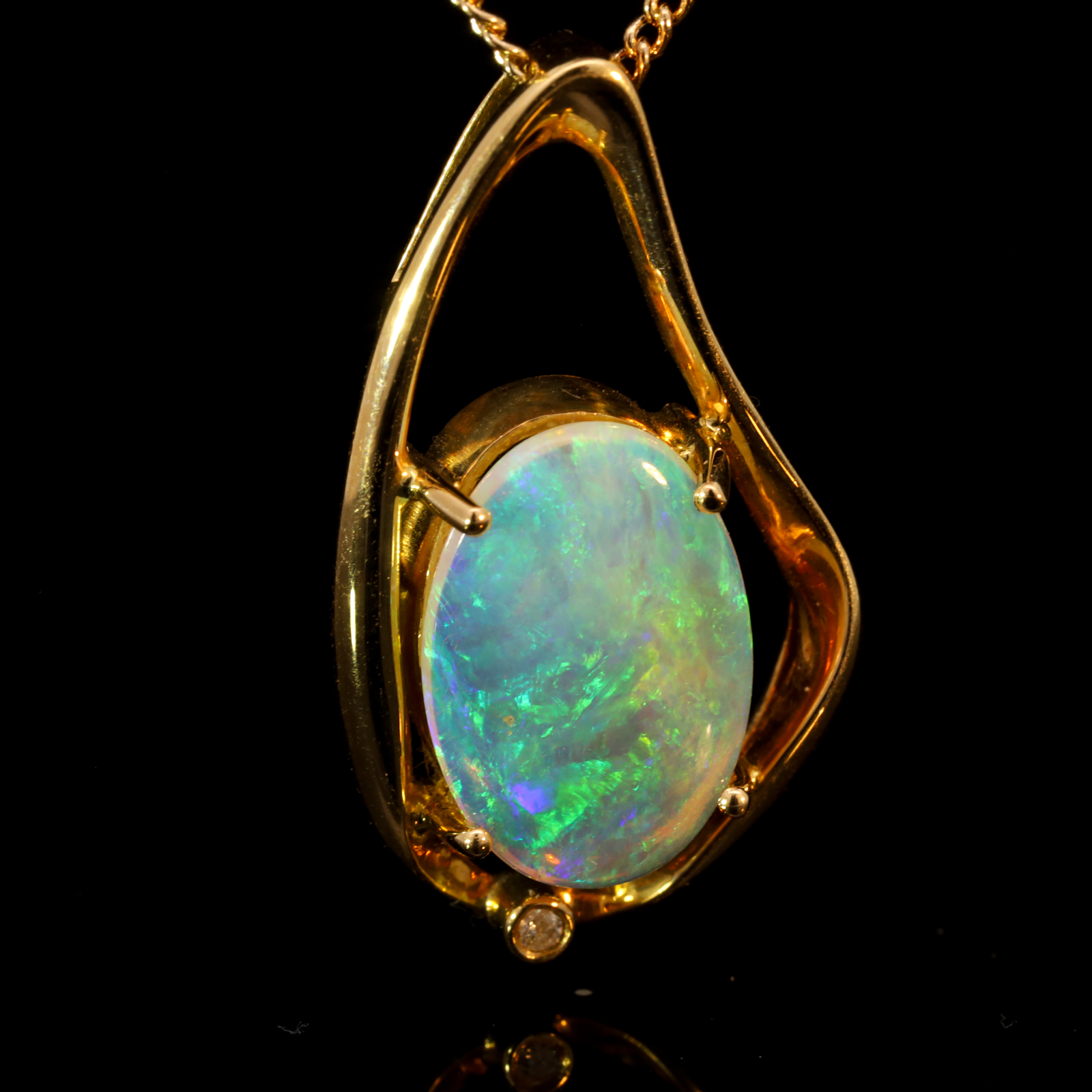 Yellow Gold Blue Green Crystal Opal and Diamond Pendant