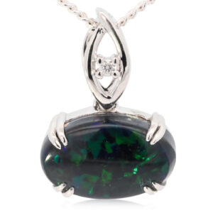 White Gold Blue Green Black Opal and Diamond Pendant