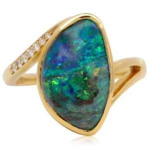 Yellow Gold Blue Green Yellow Orange Boulder Opal and Diamond Ring