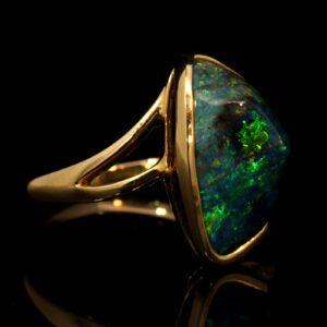 Yellow Gold Blue Green Yellow Orange Boulder Opal and Diamond Ring