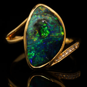 Yellow Gold Blue Green Yellow Orange Boulder Opal and Diamond Ring