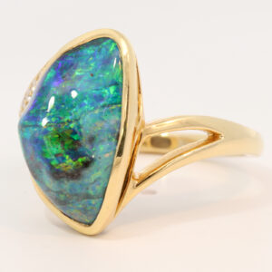 Yellow Gold Blue Green Yellow Orange Boulder Opal and Diamond Ring
