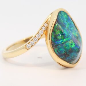 Yellow Gold Blue Green Yellow Orange Boulder Opal and Diamond Ring