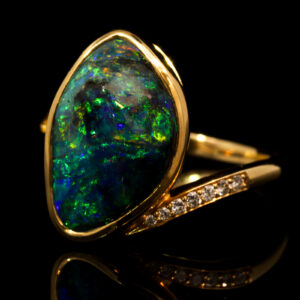 Yellow Gold Blue Green Yellow Orange Boulder Opal and Diamond Ring