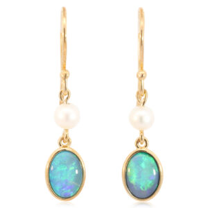 Yellow Gold Blue Green Doublet Opal and Pearl Earrings