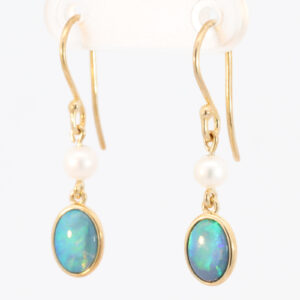 Yellow Gold Blue Green Doublet Opal and Pearl Earrings